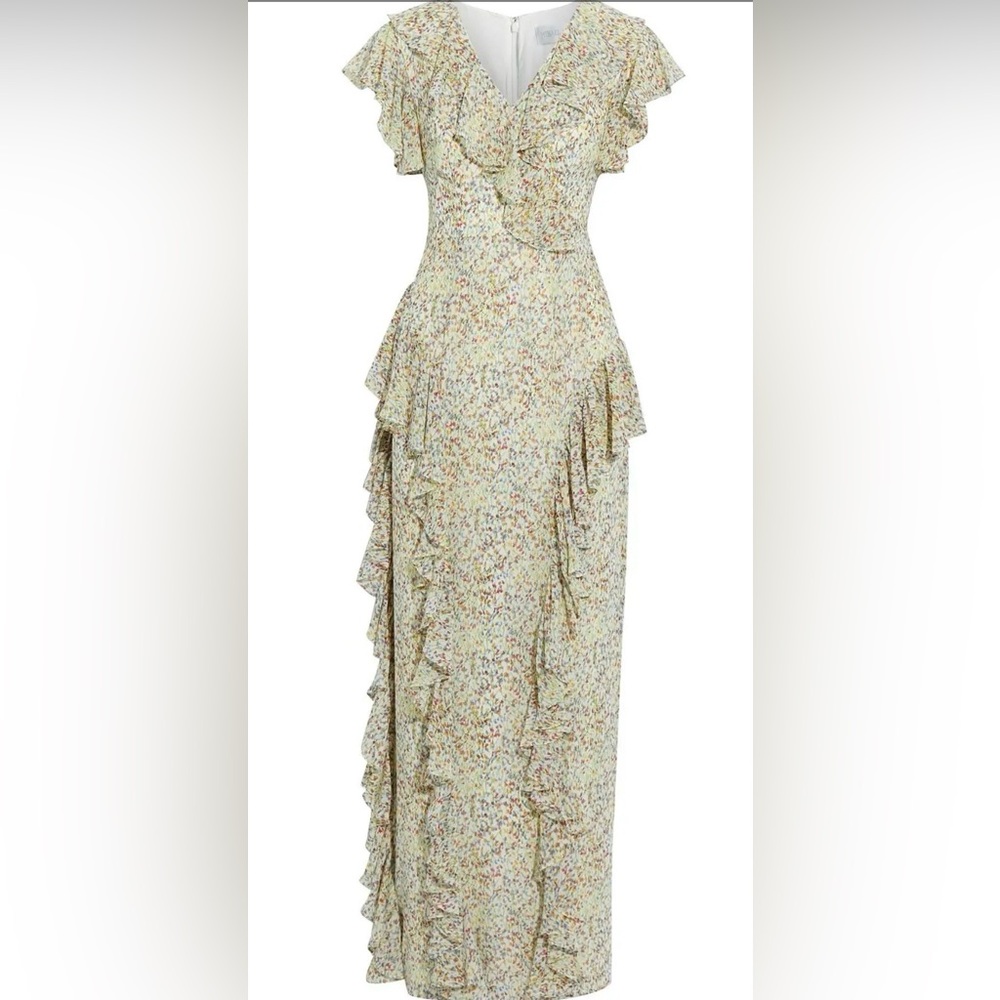 Mikael Aghal Ruffled Floral-Print Chiffon Maxi Dress Us 8